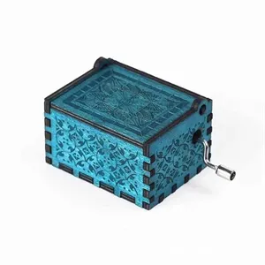 Handmade Engraved Wooden Music Box Hand Crank Wood Crafts